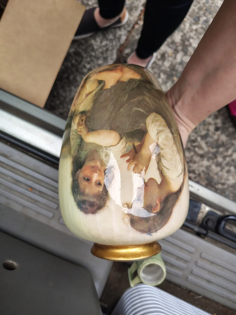 Decoupage Vase- 14kt Gold Trim, 18th Century Girls Flute Painting 8”